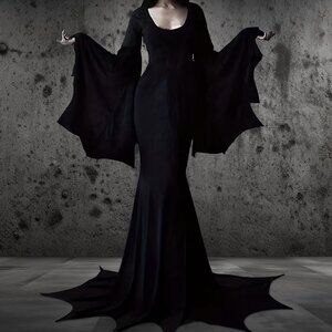 Women Costumes for Morticia Long Black Gothic Bat Sleeve Dress Costumes Maxi